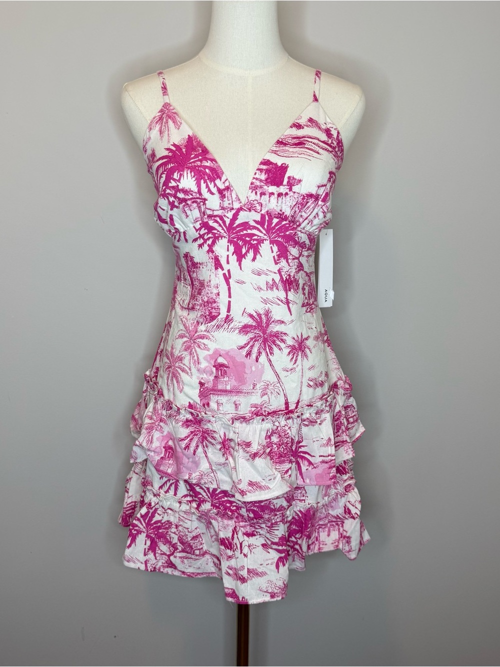 Aqua Pink and White Palm-Print Ruffle Dress